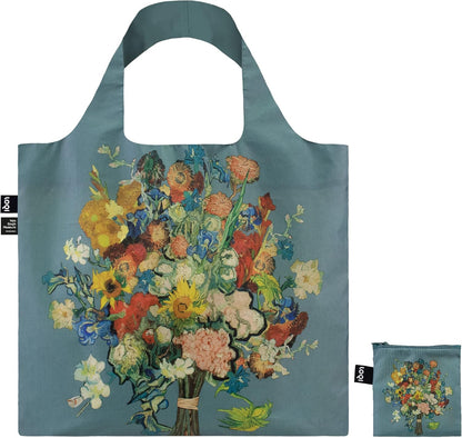 LOQI Vincent Van Gogh - VGM 50th Anniversary Bouquet/Flower Pattern Blue Canvas Recycled Bag