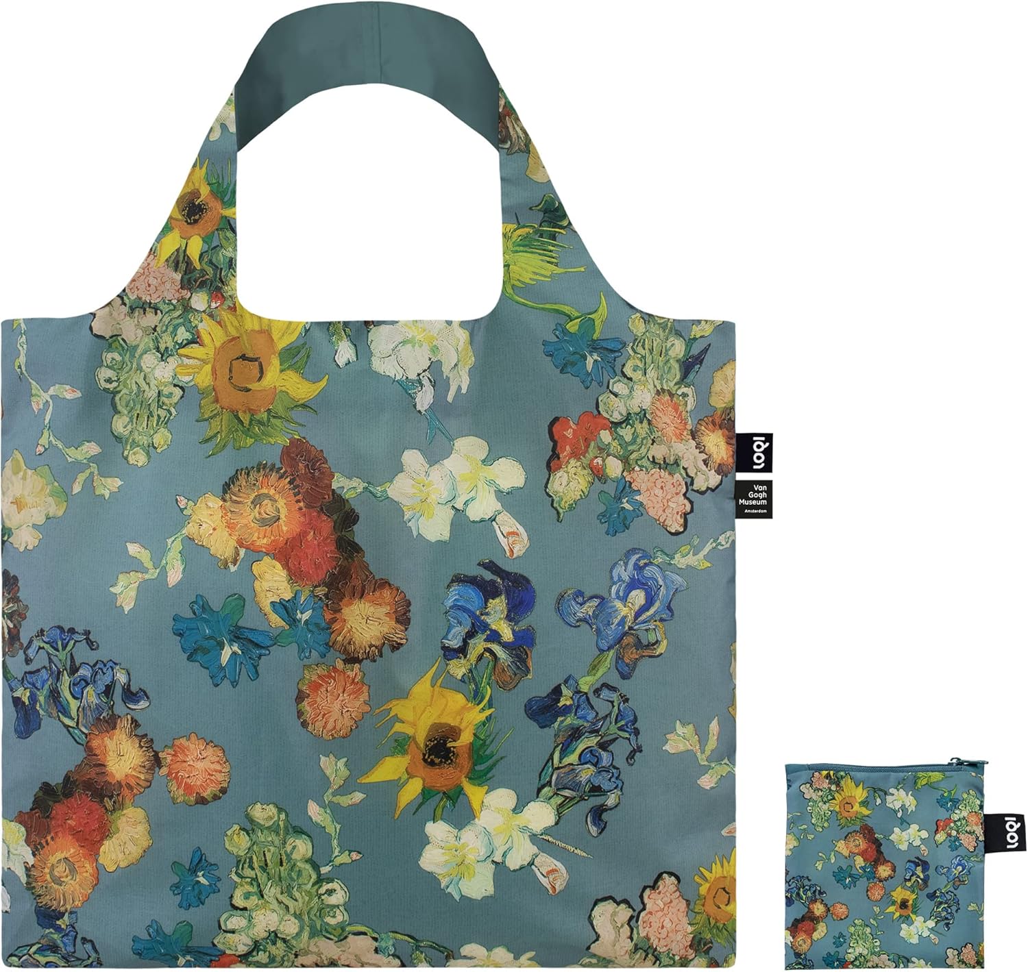 LOQI Vincent Van Gogh - VGM 50th Anniversary Bouquet/Flower Pattern Blue Canvas Recycled Bag
