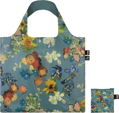 LOQI Vincent Van Gogh - VGM 50th Anniversary Bouquet/Flower Pattern Blue Canvas Recycled Bag
