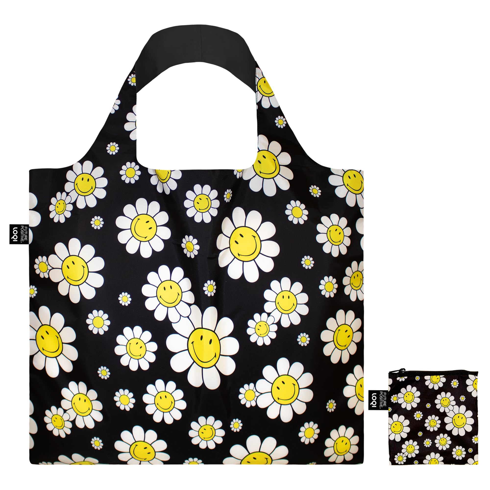 LOQI Smiley Flowers Black Recycled Bag, black, Large