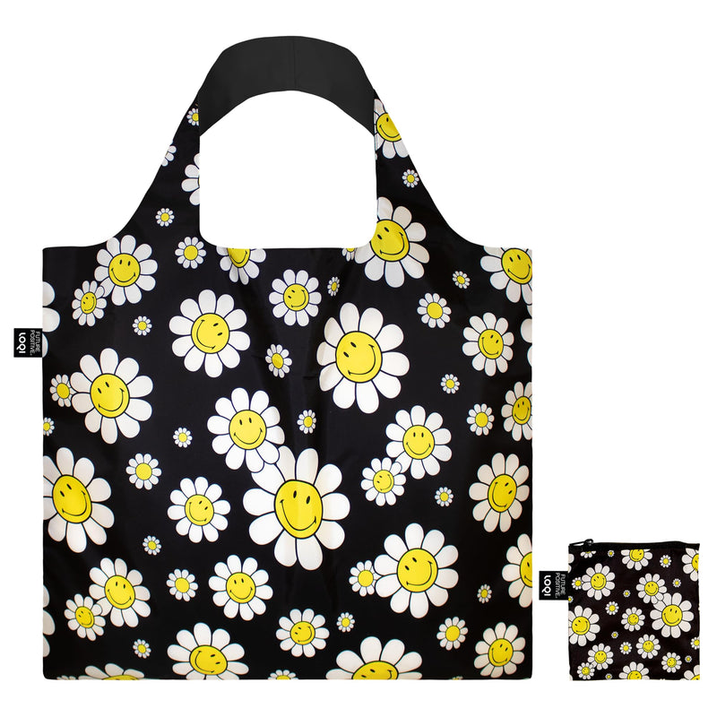 LOQI Smiley Flowers Black Recycled Bag, black, Large