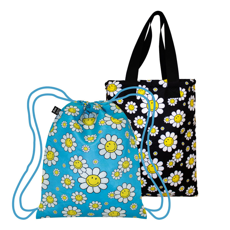 LOQI Smiley Recycled Reversible Floral Backpack, Multicoloured, Large, Deconstructed, Multicolored, L, Deconstructed