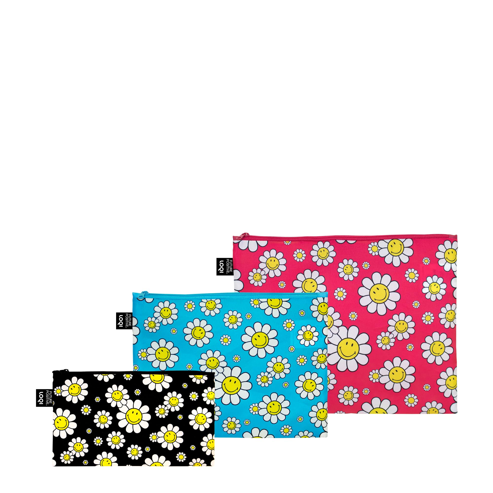 LOQI Smiley Flowers Recycled Zipper Pouches, Multicolor, L, Cosmetic Case, Multicolor, L, Cosmetic Case, Multicolored, L, Cosmetic case