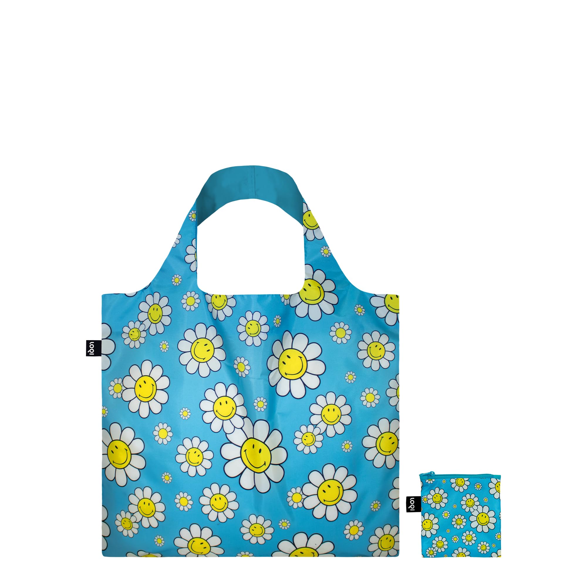 LOQI Smiley Flowers Aquarius Recycled Small Bag, Aqua Blue, Contemporary, Aqua Blue, Contemporary