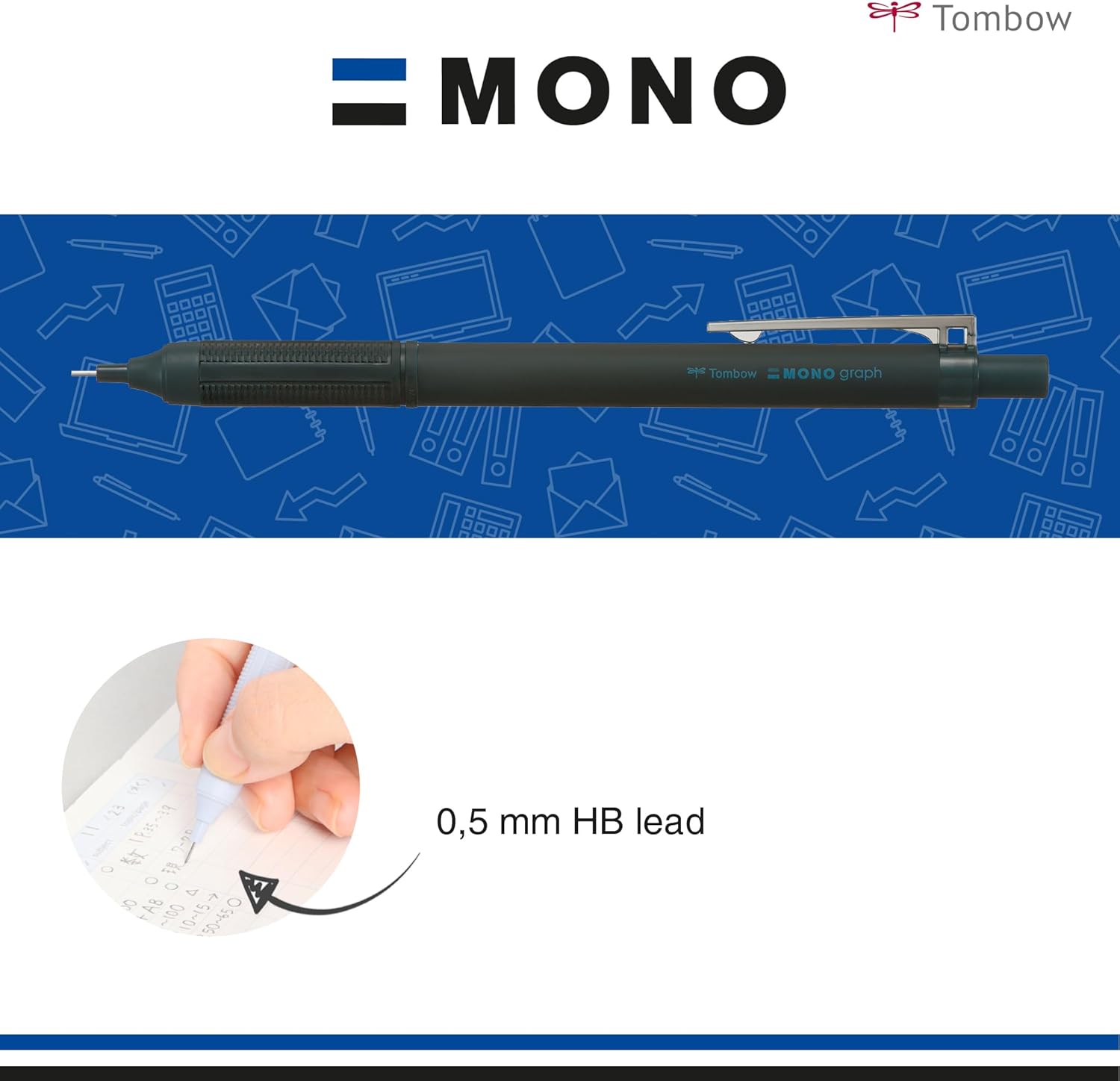 Tombow Mechanical Pencil Mono Graph Lite Black, Precision Tip, Comfort Grip, Integrated Eraser, Refillable