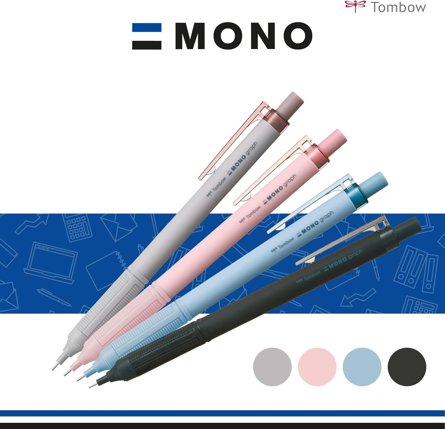 Tombow Mechanical Pencil Mono Graph Lite Smokey Blue, Precision Tip, Comfort Grip, Integrated Eraser, Refillable