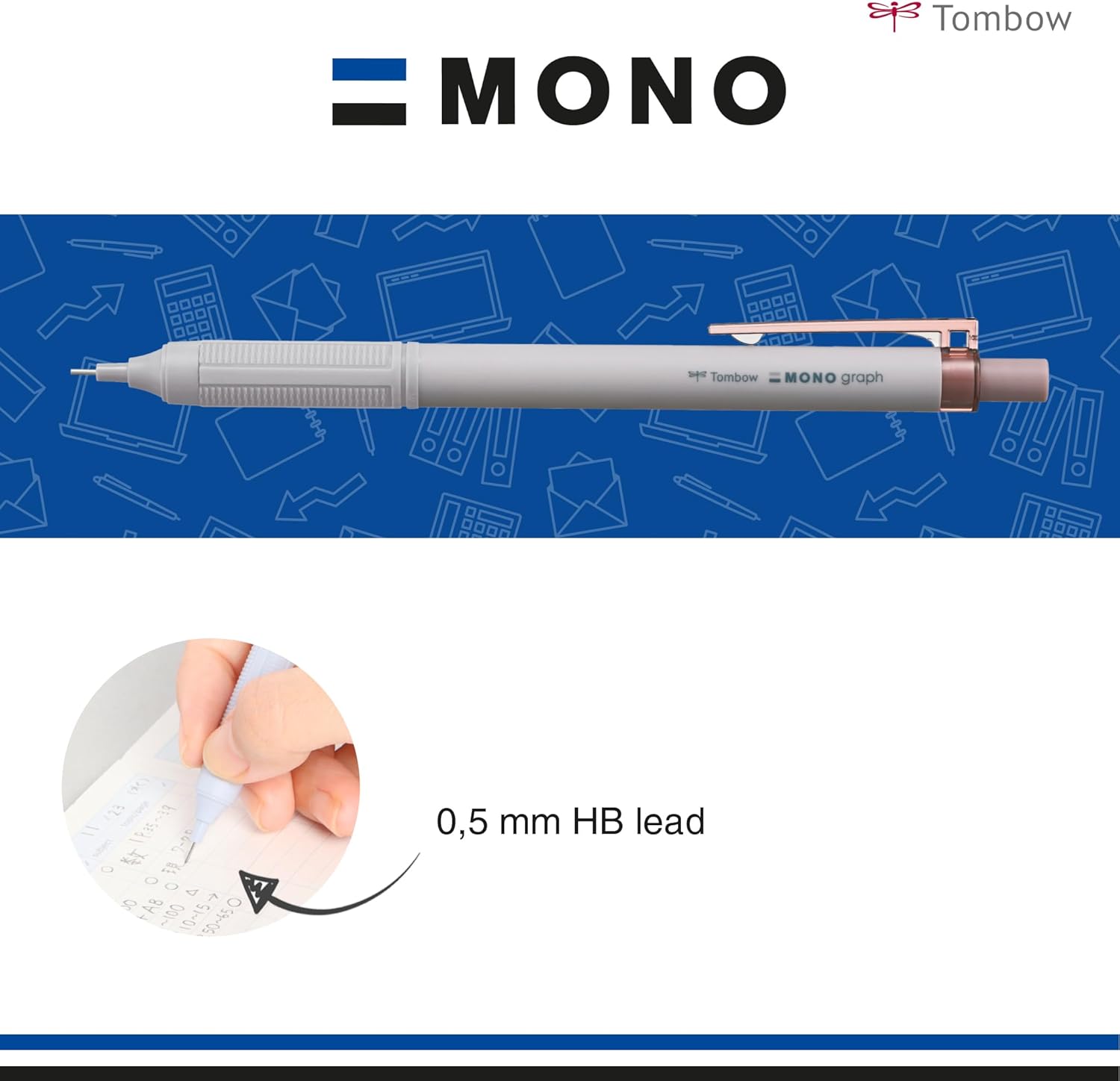 Tombow Portamine MONO Graph Lite Smokey Brown, punta di precisione, impugnatura comoda, gomma integrata, ricaricabile