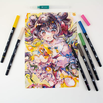 Tombow ABT Dual Brush Pen Watercolour Manga Set Flower, set of 6 + watercolour brushes, colouring templates & video tutorial