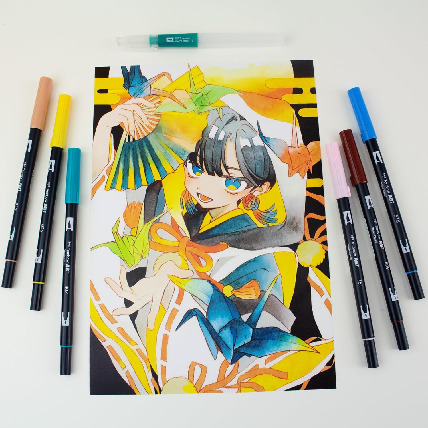 Tombow ABT Dual Brush Pen Watercolour Manga Set Bird, set of 6 + water brush, colouring pages & video tutorial
