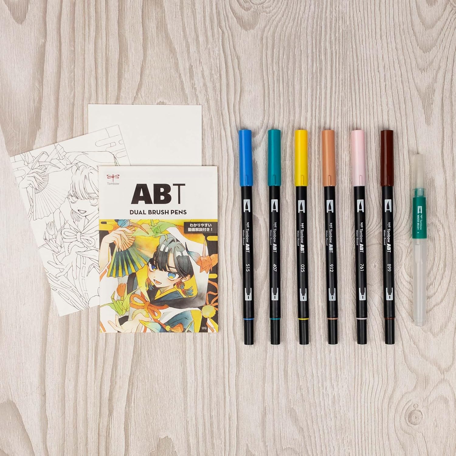 Tombow ABT Dual Brush Pen Watercolor Manga Set Moon, 6-piece set + water brush, colouring pages & video tutorial
