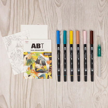 Tombow ABT Dual Brush Pen Watercolor Manga Set Moon, 6-piece set + water brush, colouring pages & video tutorial