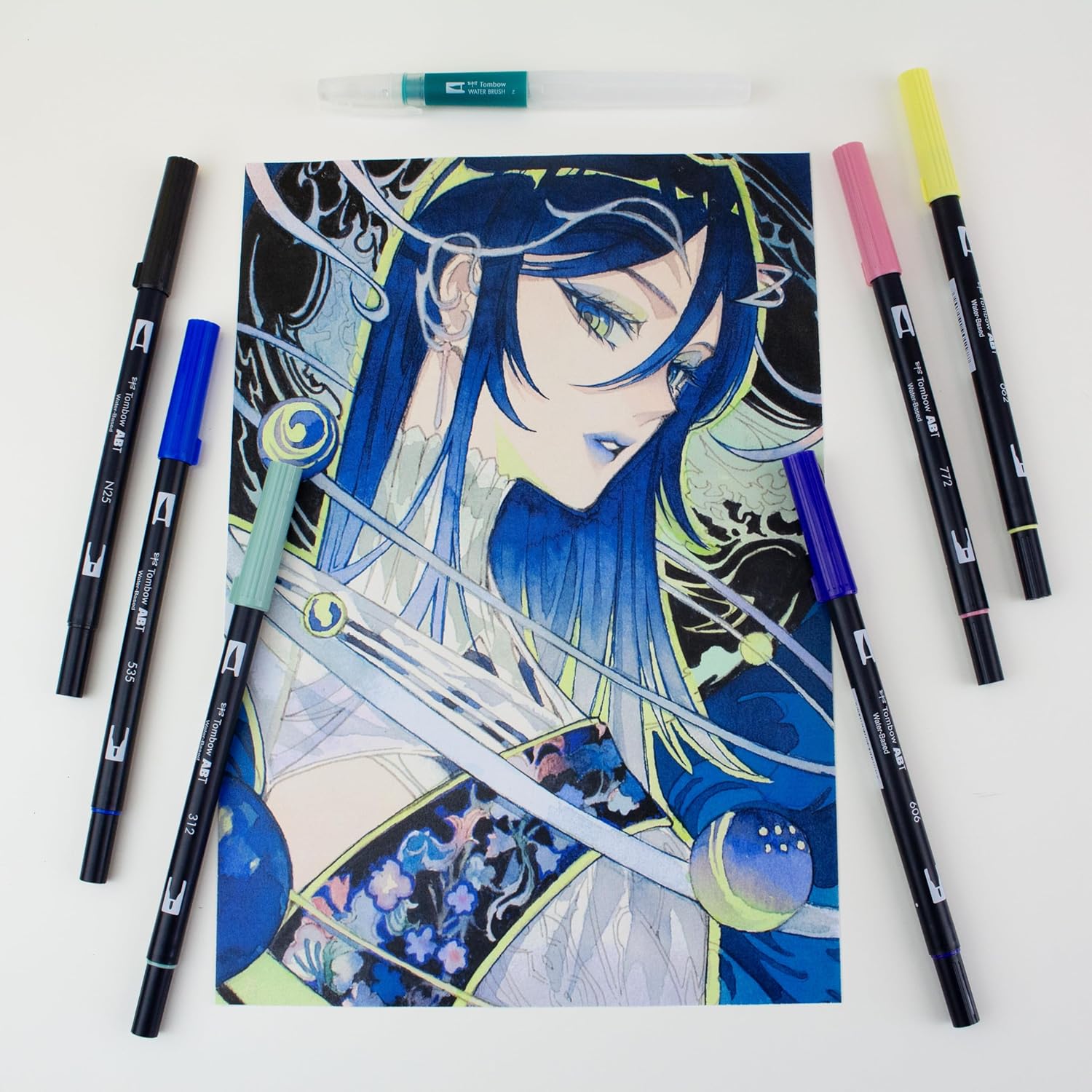 Tombow ABT Dual Brush Pen Watercolor Manga Set Moon, 6-piece set + water brush, colouring pages & video tutorial