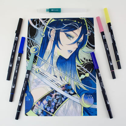 Tombow ABT Dual Brush Pen Watercolor Manga Set Moon, 6-piece set + water brush, colouring pages & video tutorial