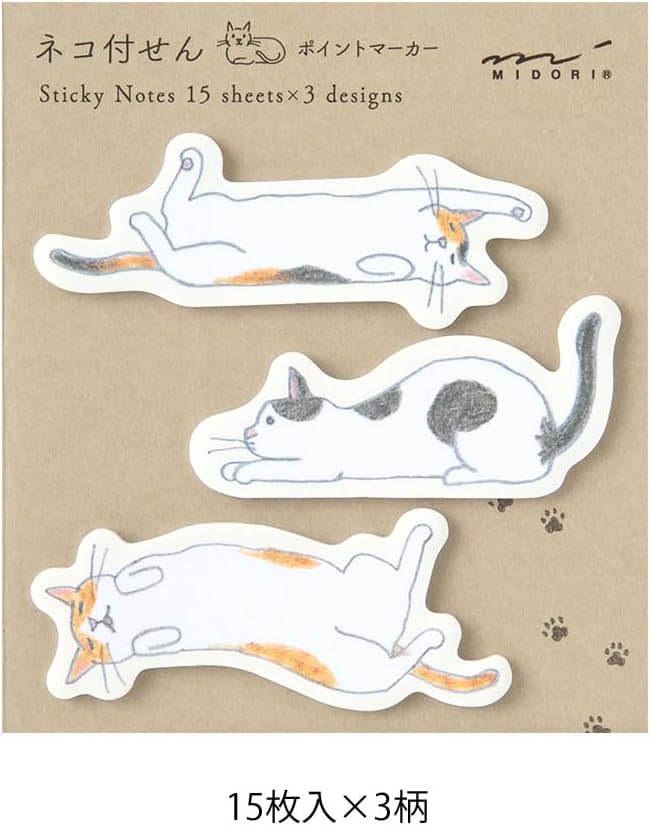 Midori 19090006 Sticky Notes, Sticky Paper Point, Stretch Cat Pattern