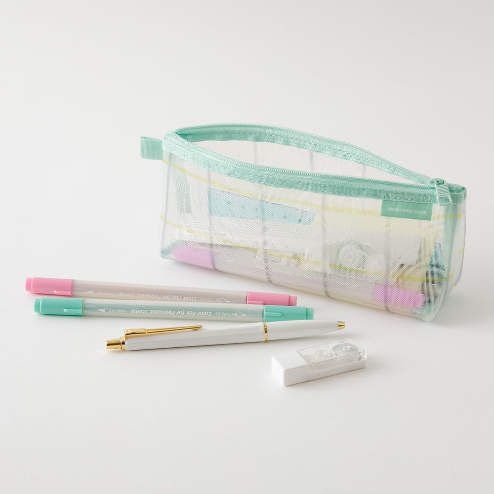 Midori 41848006 Pen Case, Mesh, Gusset, Checkered Pattern, Green