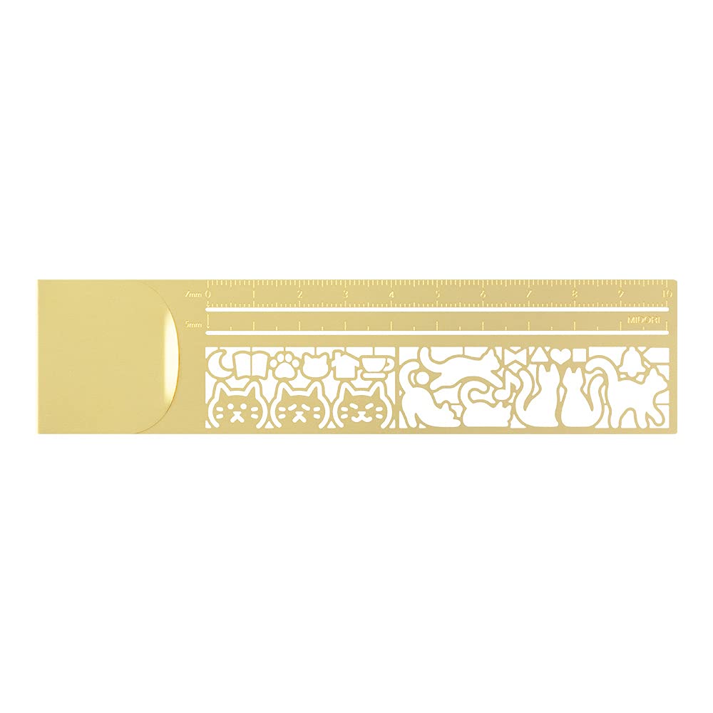 MIDORI Brass Clip Ruler, Cat Pattern A, 0.3mm Thin, Ruler 3.9in (10cm), Guides for Straight Lines, Cute Cat Silhouette Template