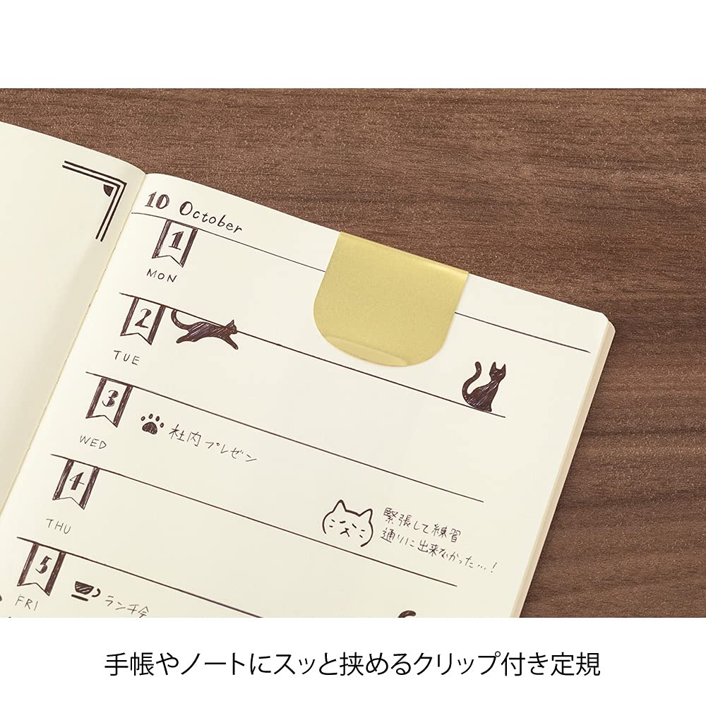 MIDORI Brass Clip Ruler, Cat Pattern A, 0.3mm Thin, Ruler 3.9in (10cm), Guides for Straight Lines, Cute Cat Silhouette Template