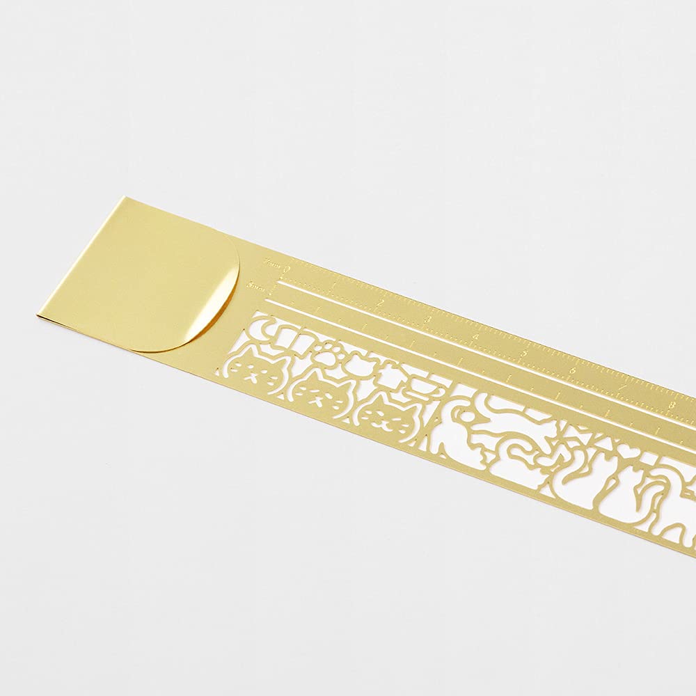 MIDORI Brass Clip Ruler, Cat Pattern A, 0.3mm Thin, Ruler 3.9in (10cm), Guides for Straight Lines, Cute Cat Silhouette Template