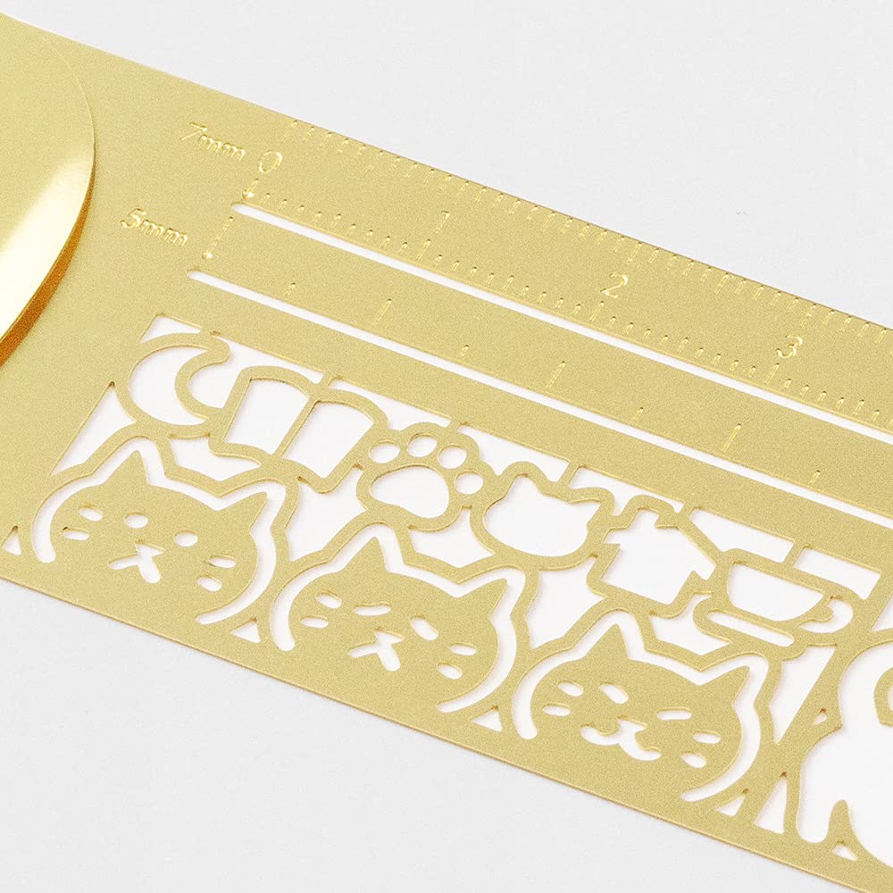 MIDORI Brass Clip Ruler, Cat Pattern A, 0.3mm Thin, Ruler 3.9in (10cm), Guides for Straight Lines, Cute Cat Silhouette Template