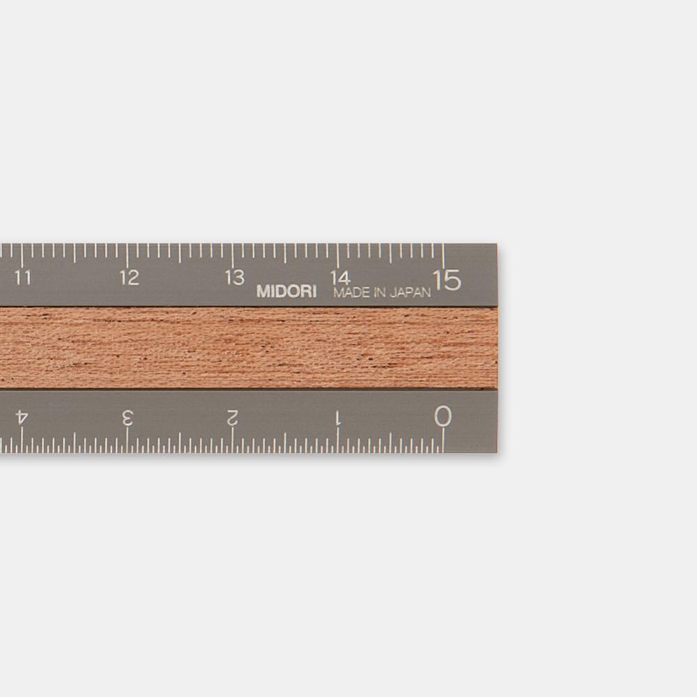Midori Ruler 42304006, aluminium and wood, 15 cm, grey