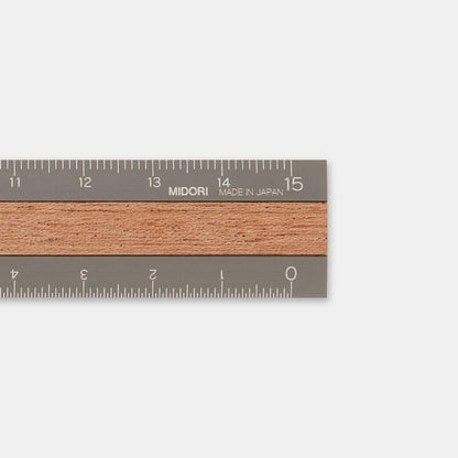 Midori Ruler 42304006, aluminium and wood, 15 cm, grey