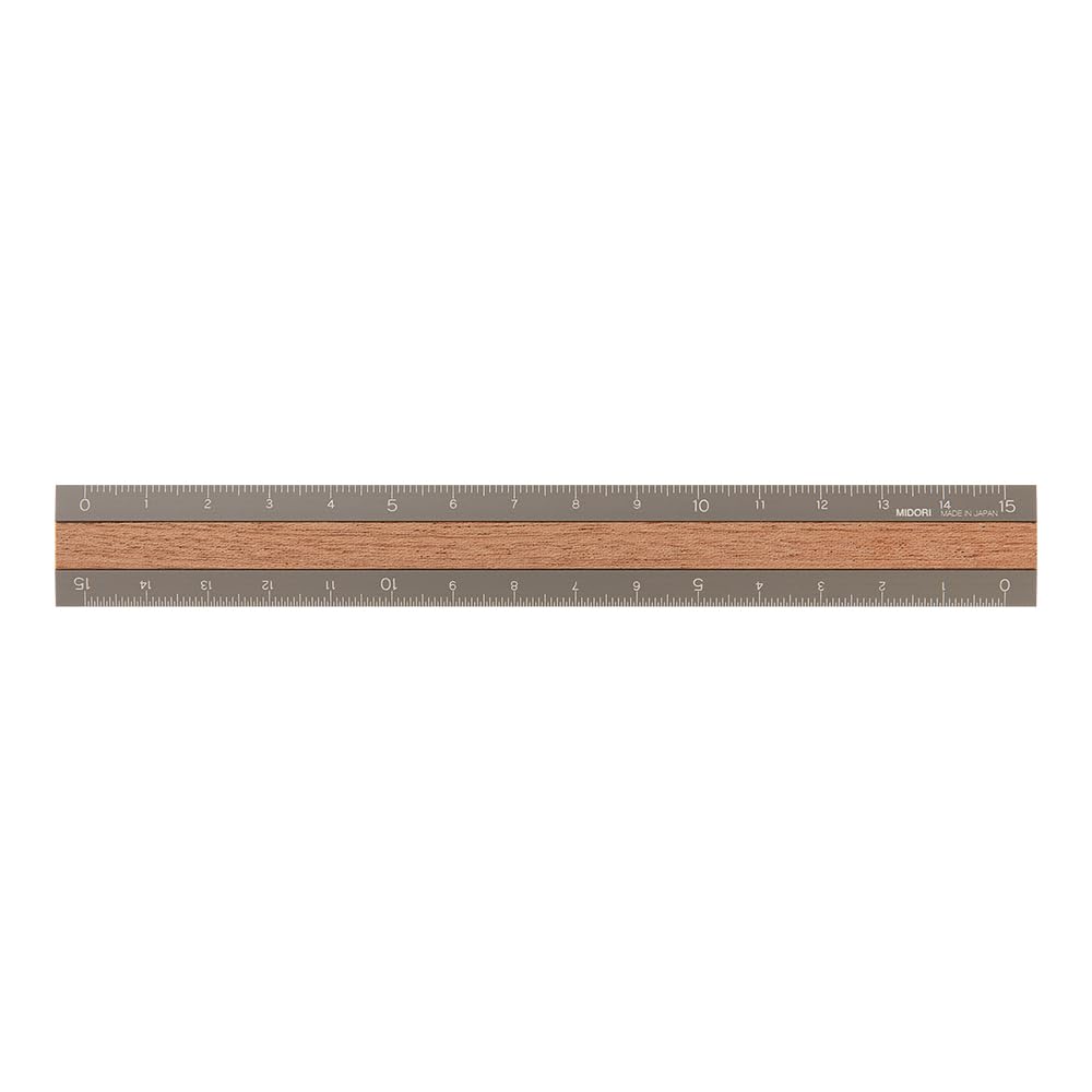 Midori Ruler 42304006, aluminium and wood, 15 cm, grey