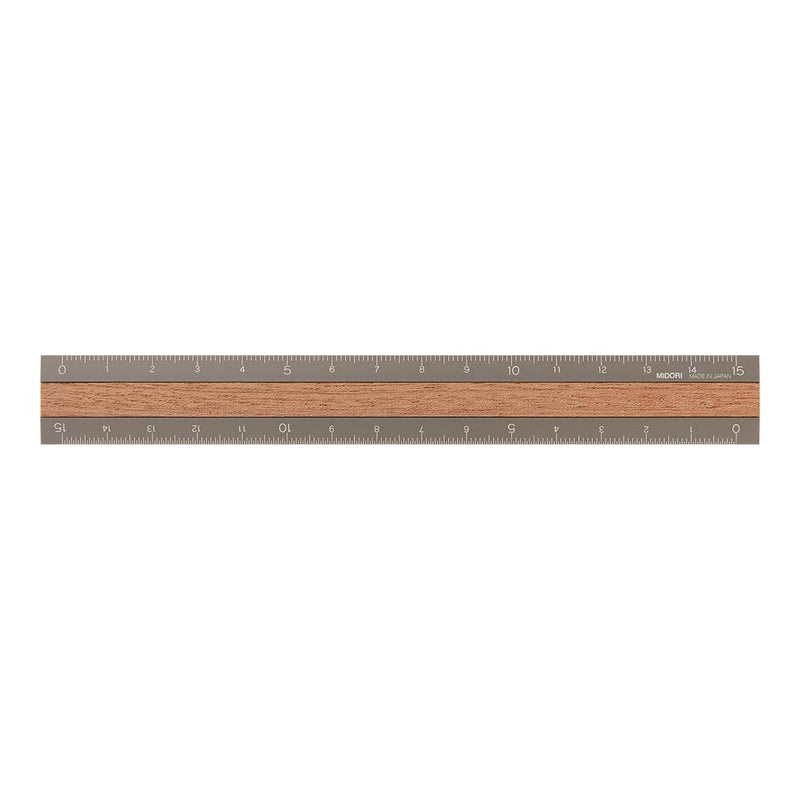 Midori Ruler 42304006, aluminium and wood, 15 cm, grey