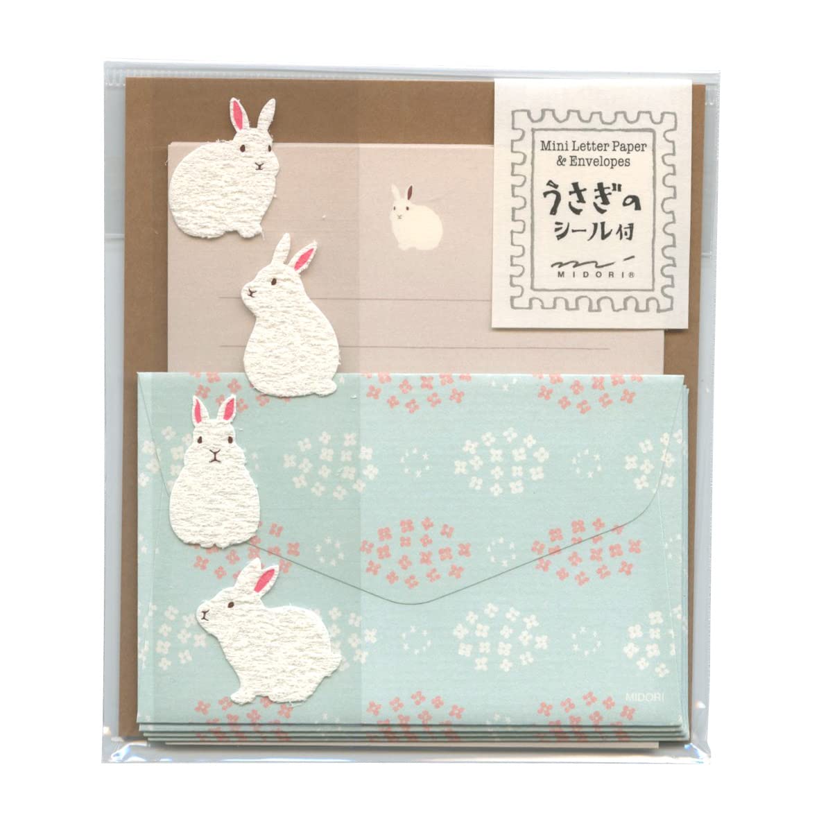 Midori 86514006 Mini Letter Set, Fluffy Animals, Stickers Included, Rabbit Pattern A, Cute