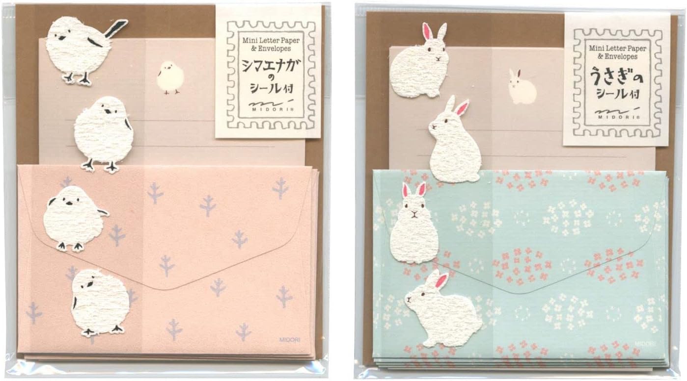 Midori 86514006 Mini Letter Set, Fluffy Animals, Stickers Included, Rabbit Pattern A, Cute