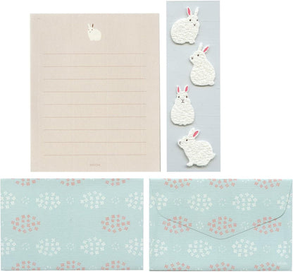 Midori 86514006 Mini Letter Set, Fluffy Animals, Stickers Included, Rabbit Pattern A, Cute