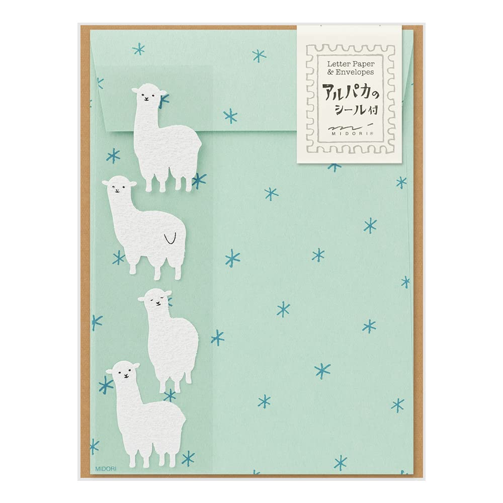 Midori 86636006 Letter Set with Stickers, 12 Stationery Notes, 4 Envelopes, Alpaca Pattern B