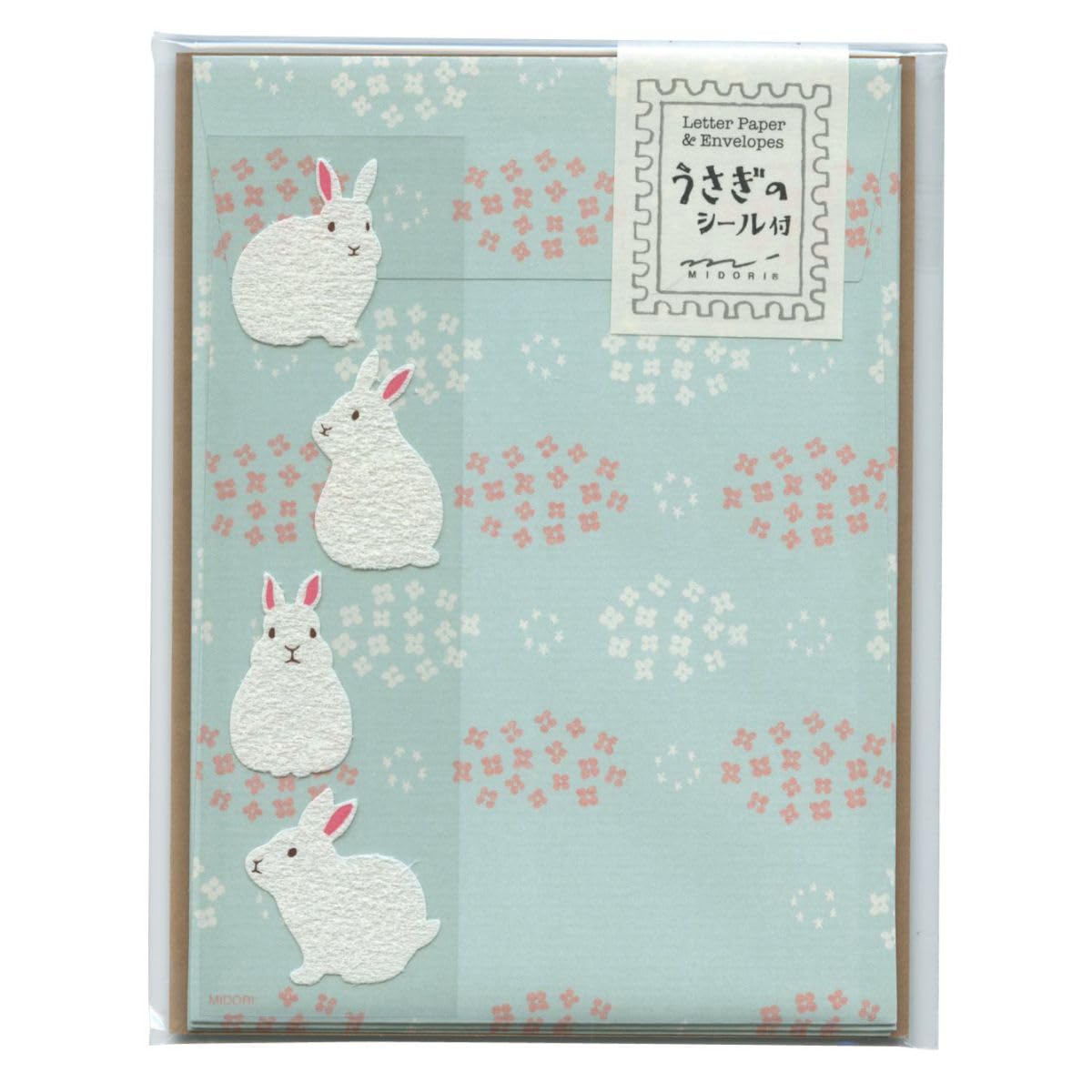 Midori 86638006 Letter Set with Stickers, 12 Stationery Notes, 4 Envelopes, Rabbit Pattern B