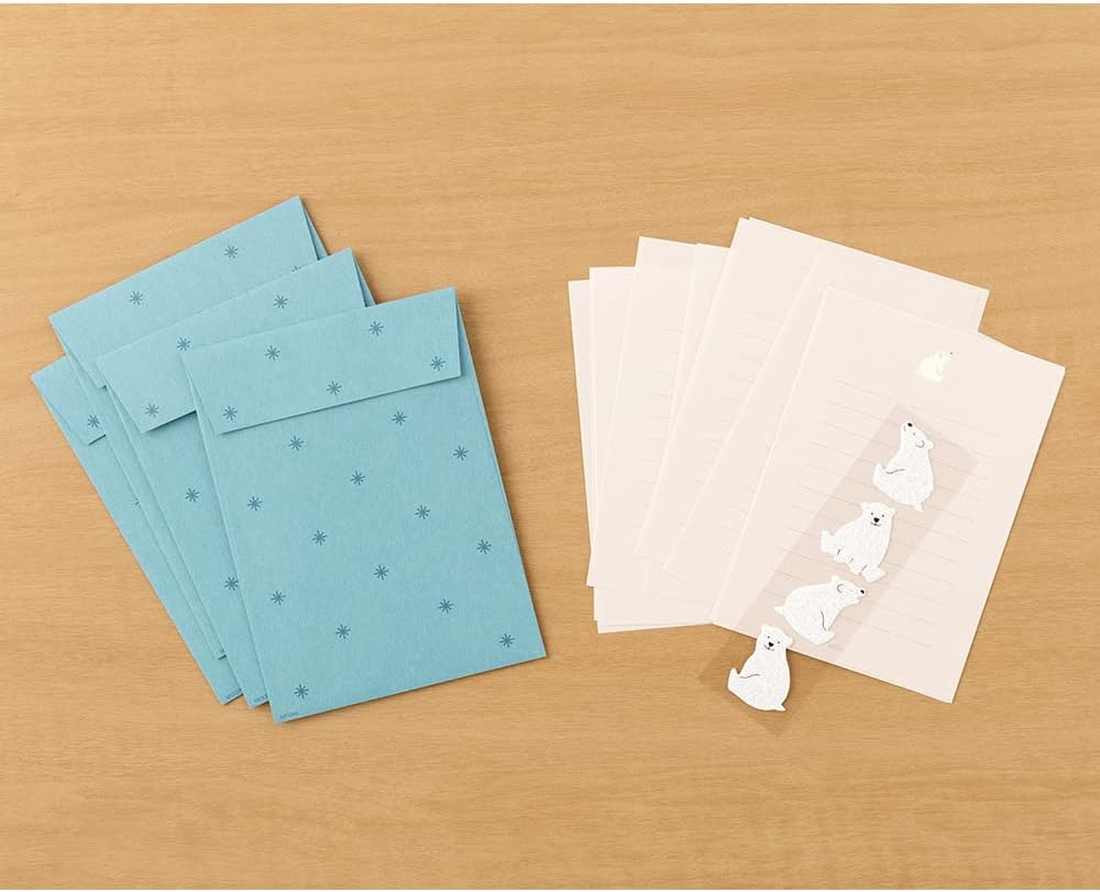 Midori 86640006 Letter Set with Stickers, 12 Stationery Notes, 4 Envelopes, Polar Bear Pattern A