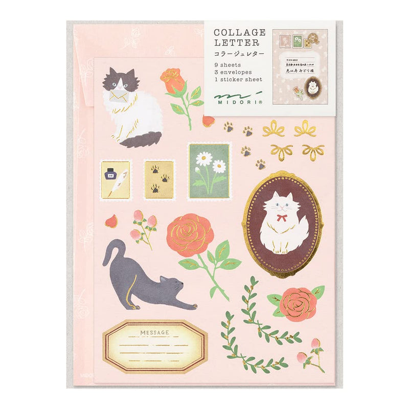 Designphil Midori Letter Set Collage Cat Pattern, White, A5, Classic