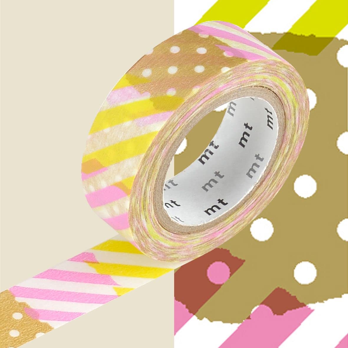 Masking Tape Polka Dot Stripe Decorative Tape - Pink and Yellow - 1.5cm x 7m