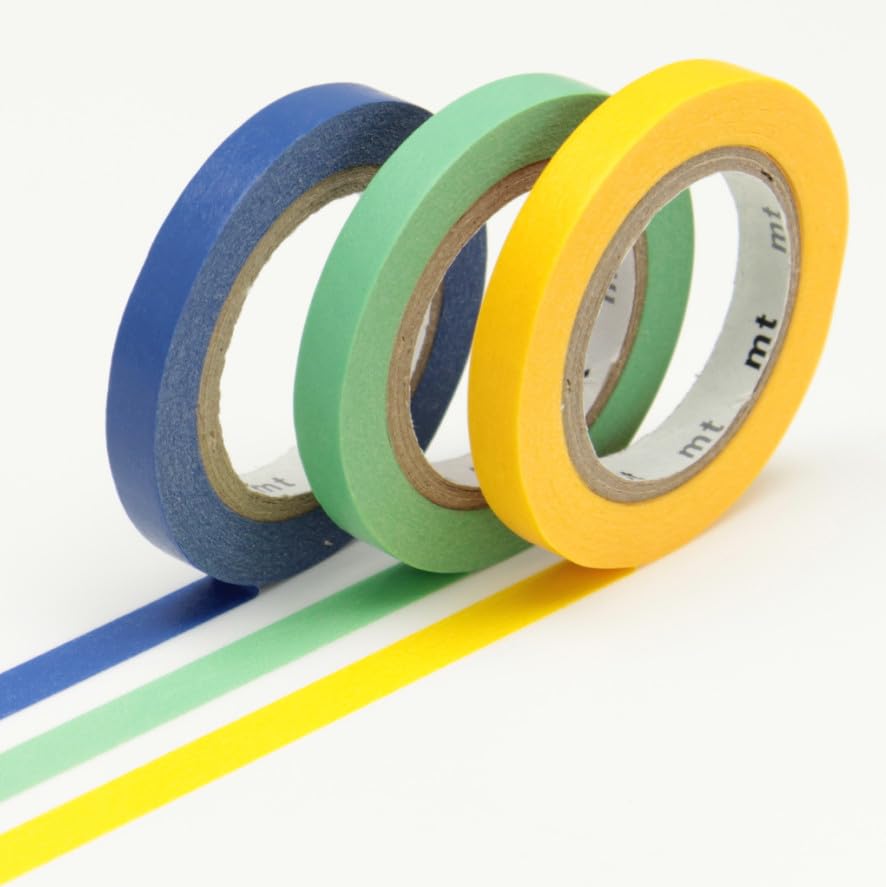 MT Masking Tape Slim 6mm x 7m Roll - Yellow, Blue, Green (Pack of 3