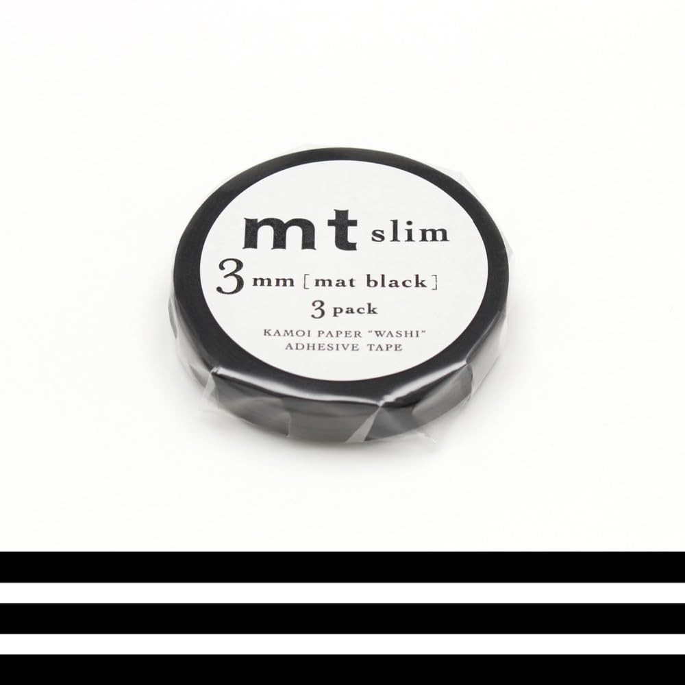 MT MASKING TAPE Slim Set of 3 Decorative Washi Paper Rolls 3 mm x 7 m, Plain Black/Matte Black