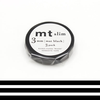 MT MASKING TAPE Slim Set of 3 Decorative Washi Paper Rolls 3 mm x 7 m, Plain Black/Matte Black