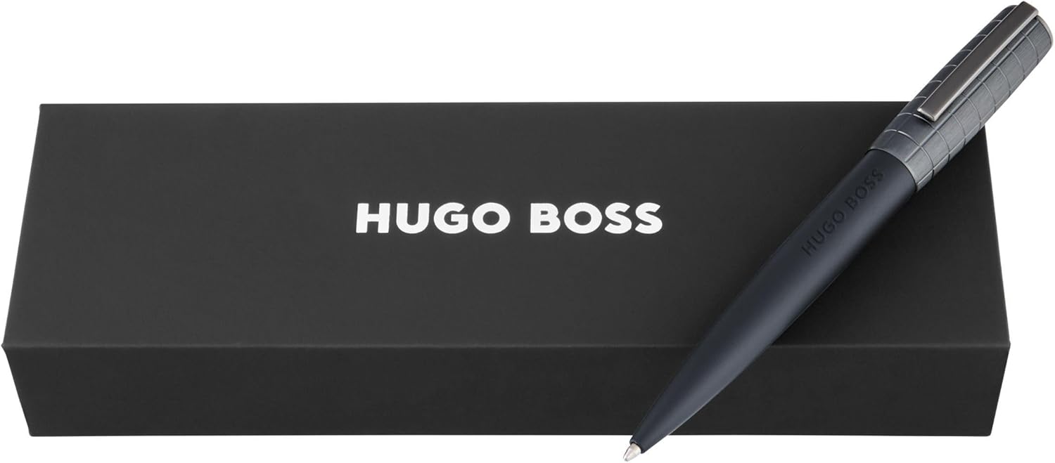 BOSS HUGO Ballpoint Pen Arche Bauhaus Design Writing Instrument Twist Mechanism Elegant Brass Aluminium Body Luxury Ballpoint Pen with Gift Box (HSK5744) (Dark Grey)