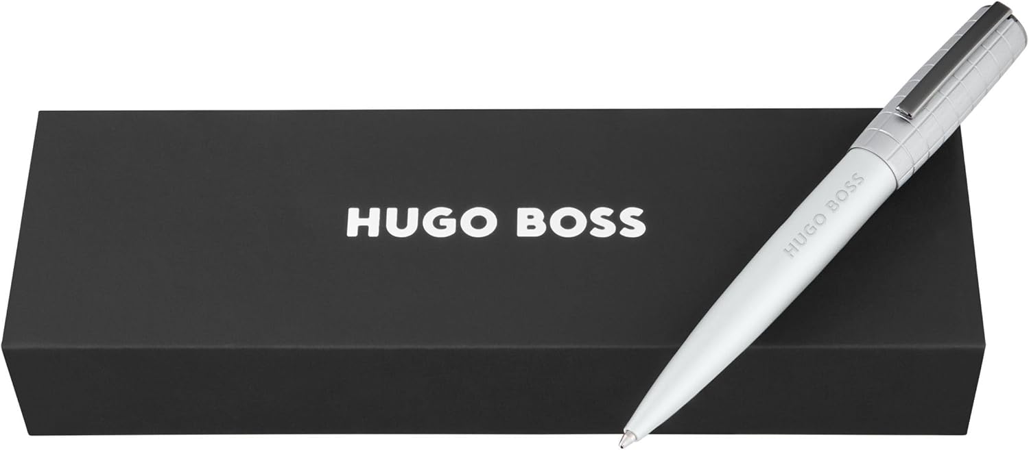 BOSS HUGO Ballpoint Pen Arche Bauhaus Design Writing Instrument Twist Mechanism Elegant Brass Aluminium Body Luxury Ballpoint Pen with Gift Box (HSK5744) (Light Grey)