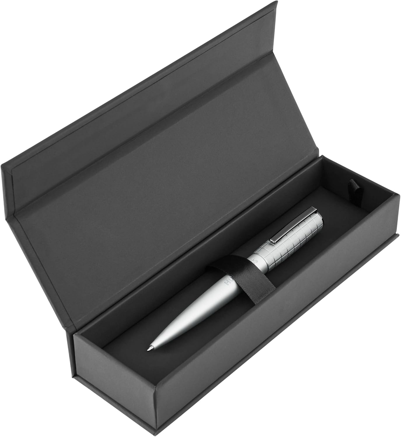 BOSS HUGO Ballpoint Pen Arche Bauhaus Design Writing Instrument Twist Mechanism Elegant Brass Aluminium Body Luxury Ballpoint Pen with Gift Box (HSK5744) (Light Grey)