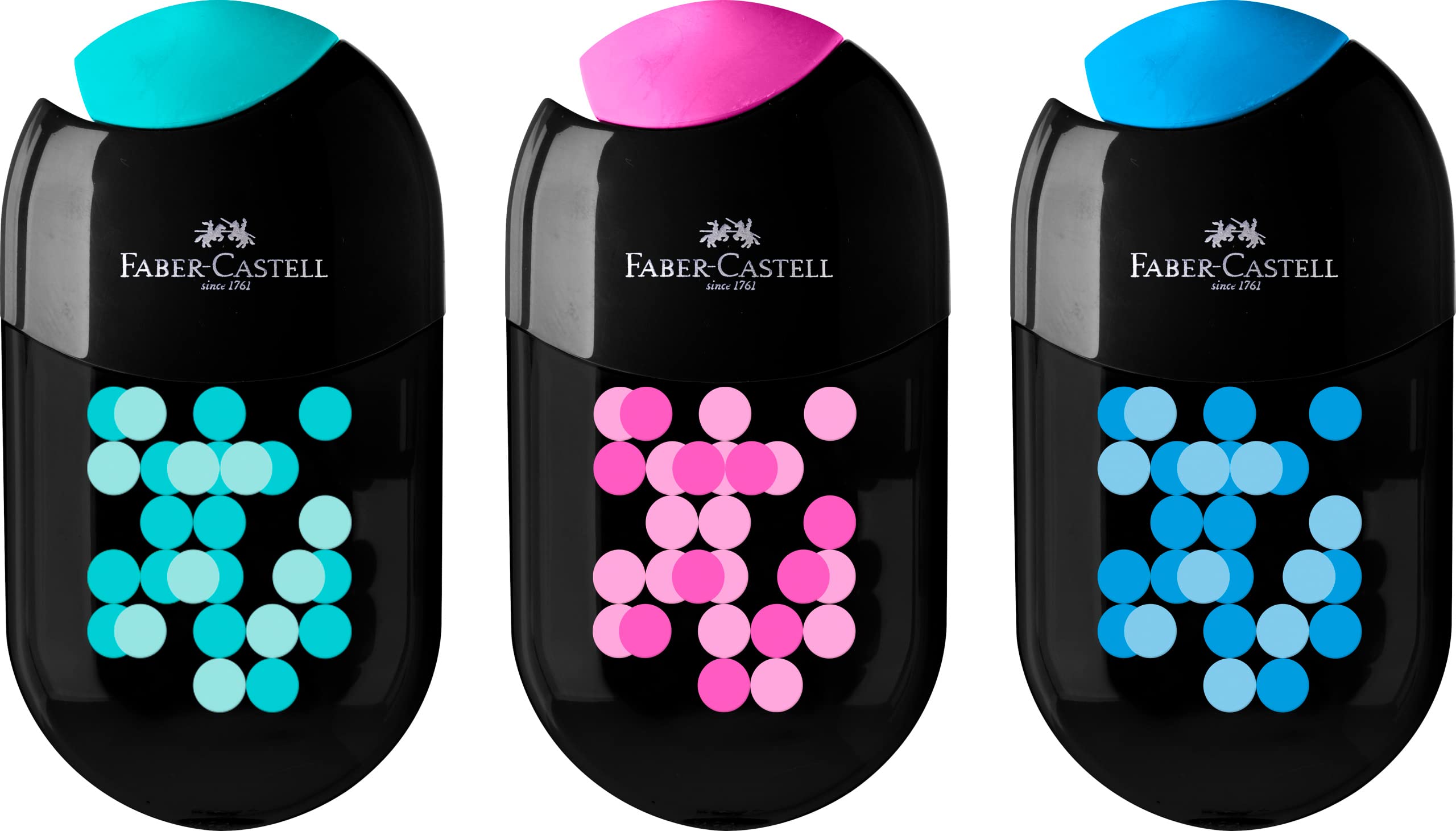 FABER-CASTELL 183535 - Sacapuntas bicolor con goma de borrar, 1 pieza, para lápices de 8-10 mm de diámetro, colores surtidos (no es posible seleccionar
