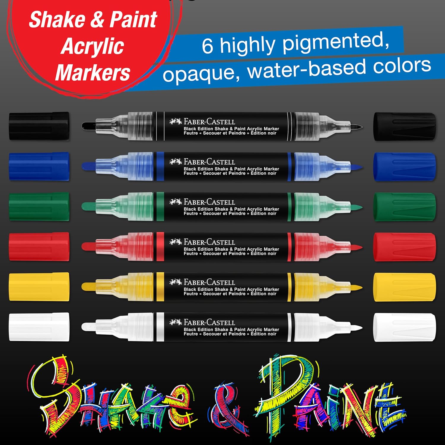 FABER-CASTELL 285507 - Acrylic Marker Shake&Paint Black Edition, 6 Acrylic Pencils, Marker with 2 Round Tips (3 mm & 1 mm)