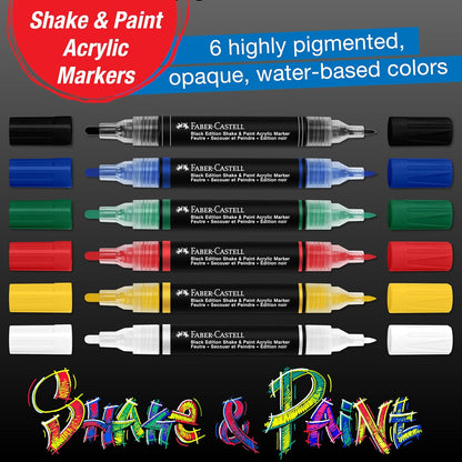 FABER-CASTELL 285507 - Acrylic Marker Shake&Paint Black Edition, 6 Acrylic Pencils, Marker with 2 Round Tips (3 mm & 1 mm)