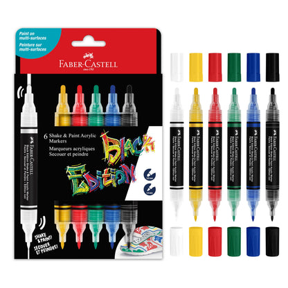 FABER-CASTELL 285507 - Acrylic Marker Shake&Paint Black Edition, 6 Acrylic Pencils, Marker with 2 Round Tips (3 mm & 1 mm)