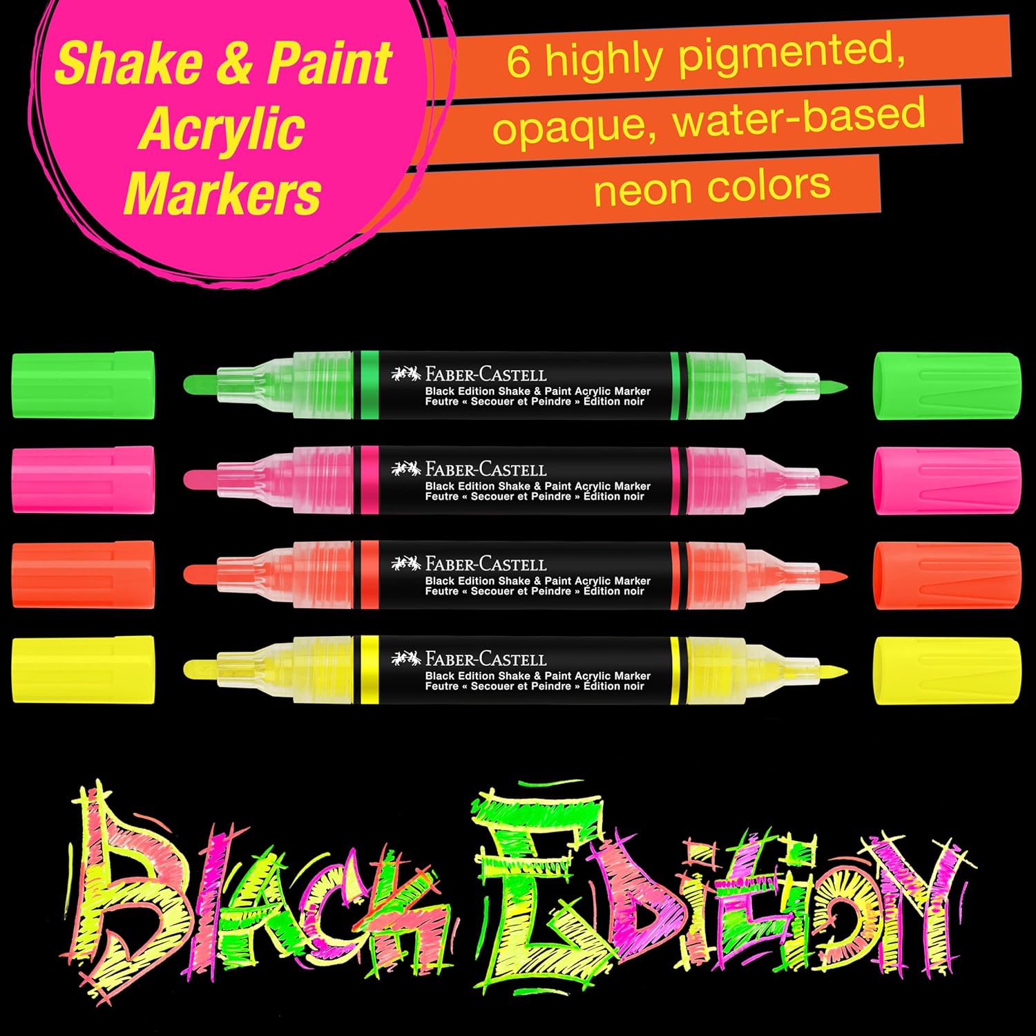 FABER-CASTELL 285505 - Acrylic Marker Shake&Paint Black Edition, 4 Acrylic Pencils, Marker with 2 Round Tips (3 mm and 1 mm)