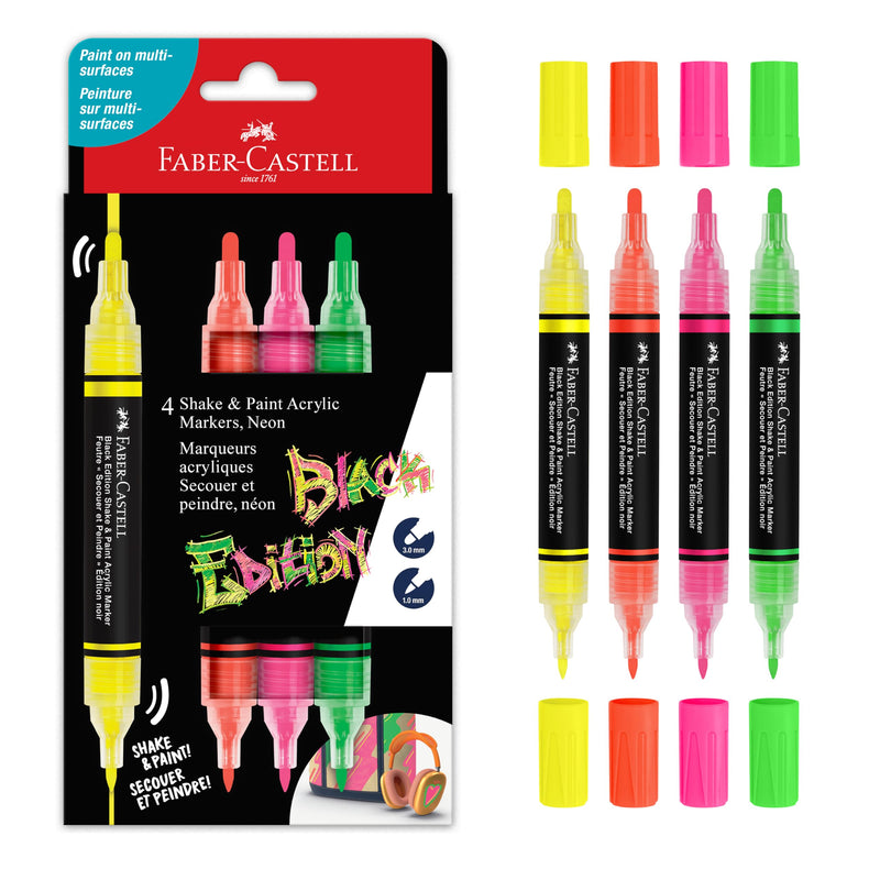 FABER-CASTELL 285505 - Acrylic Marker Shake&Paint Black Edition, 4 Acrylic Pencils, Marker with 2 Round Tips (3 mm and 1 mm)