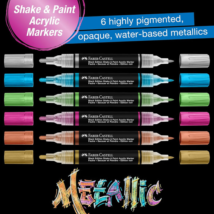 FABER-CASTELL 285517 - Acrylic Marker Shake&Paint Black Edition, 6 Acrylic Pencils, Marker with 2 Round Tips (3 mm & 1 mm)