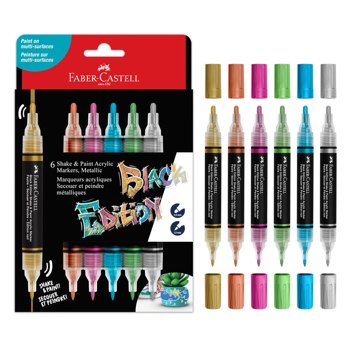 FABER-CASTELL 285517 - Acrylic Marker Shake&Paint Black Edition, 6 Acrylic Pencils, Marker with 2 Round Tips (3 mm & 1 mm)