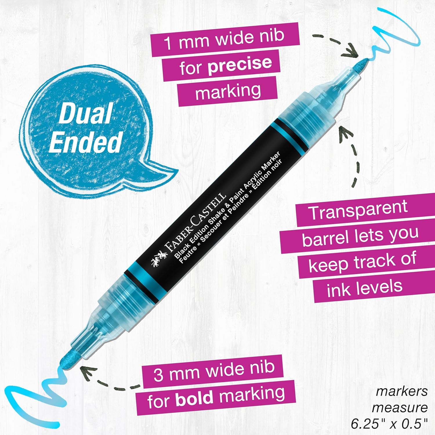 FABER-CASTELL 285517 - Acrylic Marker Shake&Paint Black Edition, 6 Acrylic Pencils, Marker with 2 Round Tips (3 mm & 1 mm)